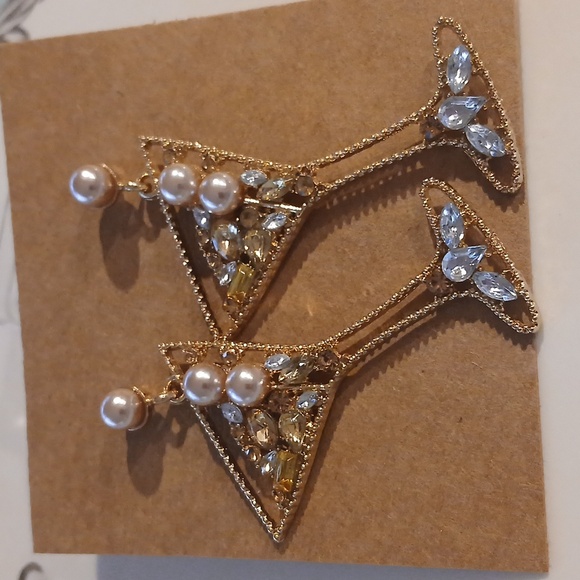 Jewelry - 117-   Gold Tone Retro Rockabilly Gold And Silver Martini Rhinestone Earrings